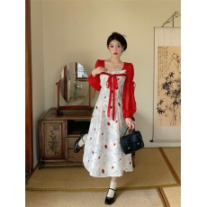 批发复古新中式女装<b class='q'>连衣裙</b>2026春季新款方领雪纺长袖遮肚显瘦长款裙子