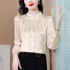 批发高档钉珠<b class='q'>真丝</b>衬衫女长袖2026年新款春秋时尚气质立领洋气小衫上衣