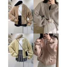 批发<b class='q'>韩国</b>chic复古慵懒风圆领拉链麻花纹宽松粗针加厚开衫毛衣外套女