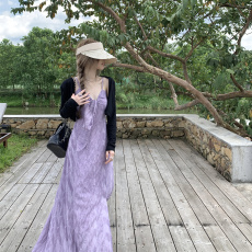 批发微胖名媛风扎染显瘦吊带长裙夏气质氛围感紫色蝴蝶结开叉V领A字裙