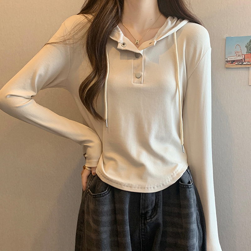 MY15570# 设计感不规则连帽长袖t恤女春季新款韩版灰色半开领修身短款上衣女裝貨源服裝批發