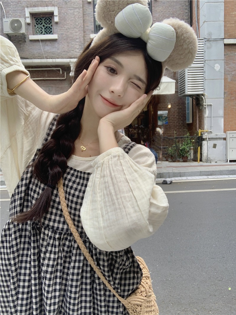패션 문예 작은 청신 여성 드레스 가을 새로운 체크무늬 디자인 센스 루즈핏 하이웨이스트 중간 길이 멜빵 스커트