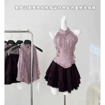 紫罗兰夏季纯欲修身设计感上衣+半身裙
