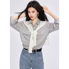 批发实拍◆有现货◆条纹衬衫女2025<b class='q'>新款</b>秋高级感宽松落肩长袖薄款上衣