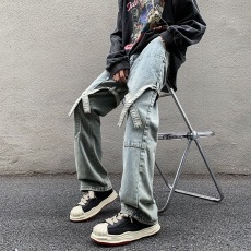 批发高街潮牌牛仔裤男士秋季直筒休闲痞帅工装裤子hiphop美式水洗长裤