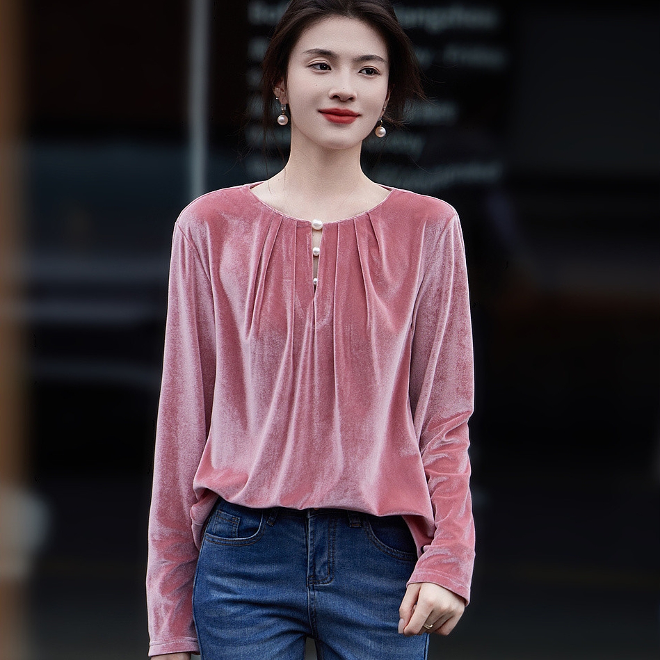 2025 소나무 안개 장미 가을 빛 요리 한 명문 여성 바람 바보 빛 벨벳 맨위 진주 거품 소매 표지 고기 여성 티셔츠