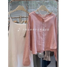 批发品牌专柜高端外贸女装好看棉麻亚麻上衣女高端圆领长袖粉色<b class='q'>衬衫</b>女