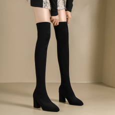 批发高跟鞋百搭黑色过膝女长筒靴新款秋冬季粗跟防滑弹力瘦瘦靴套筒靴