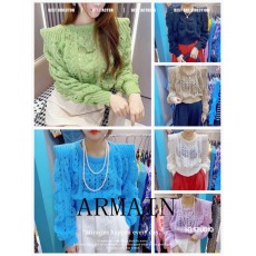 批发东大门2025秋冬新款韩版纯色直角肩圆领镂空泡泡袖百搭针织上衣