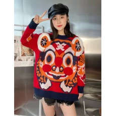 批发韩版炸街加厚秋冬装虎虎生威红色虎头毛衣针织衫上衣