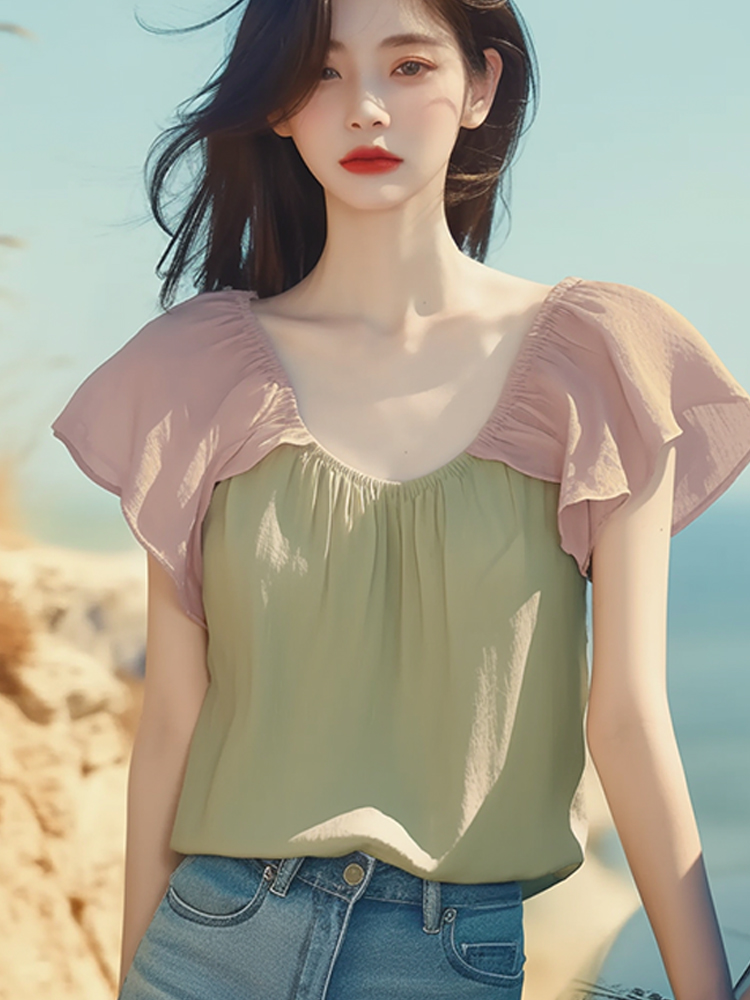 초여름 인기 폭발 작은 셔츠 작은 대중 외국 가스 연령 감소 한 부서 달콤함 슈퍼 잘 생긴 배색 작은 날다 소매 쉬폰 셔츠