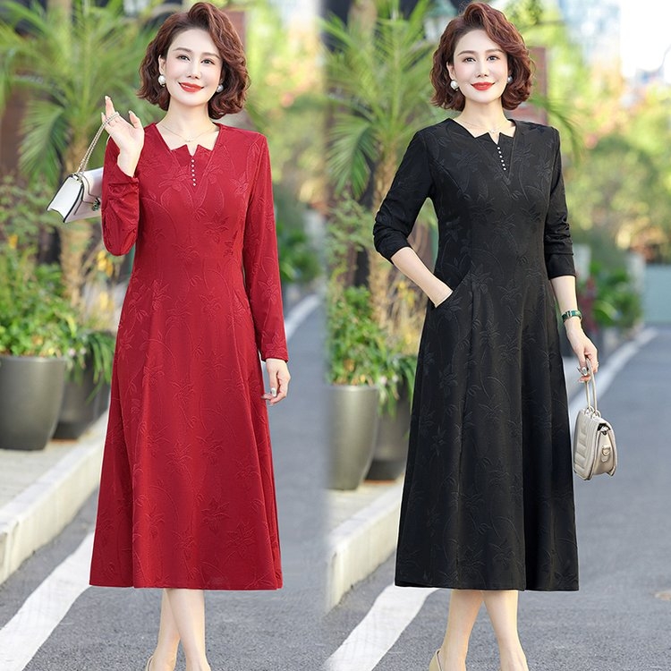 PF18351# 喜婆婆婚宴装2024新款春装长袖连衣裙高端结婚礼服妈妈加肥加大码女裝貨源服裝批發