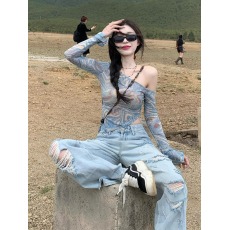 批发满天星 已出货 <b class='q'>网纱</b>布 防晒露肩长袖T恤女夏季不规则辣妹