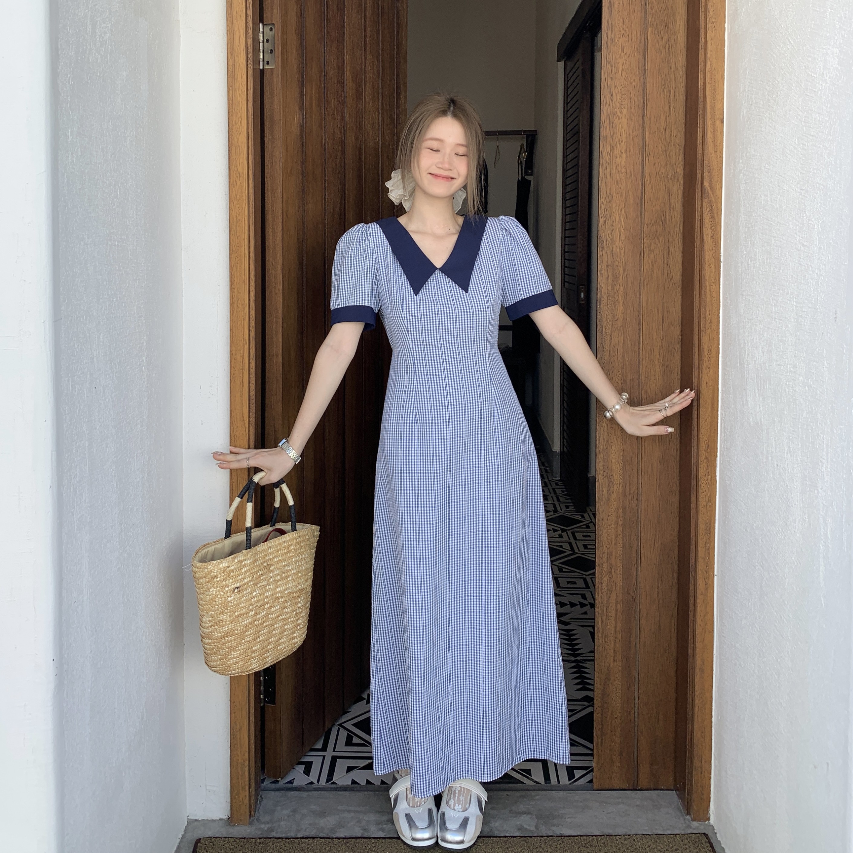 MY16430#韩系设计感撞色翻领格子连衣裙女夏季减龄气质收腰显瘦短袖长裙...