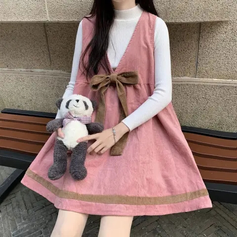 슈퍼 화재 가을 겨울 여성 의류 일본식 귀여운 소녀 착용 가져 가라. 학원 스타일 달콤함 작은 키 코듀로이 멜빵 드레스