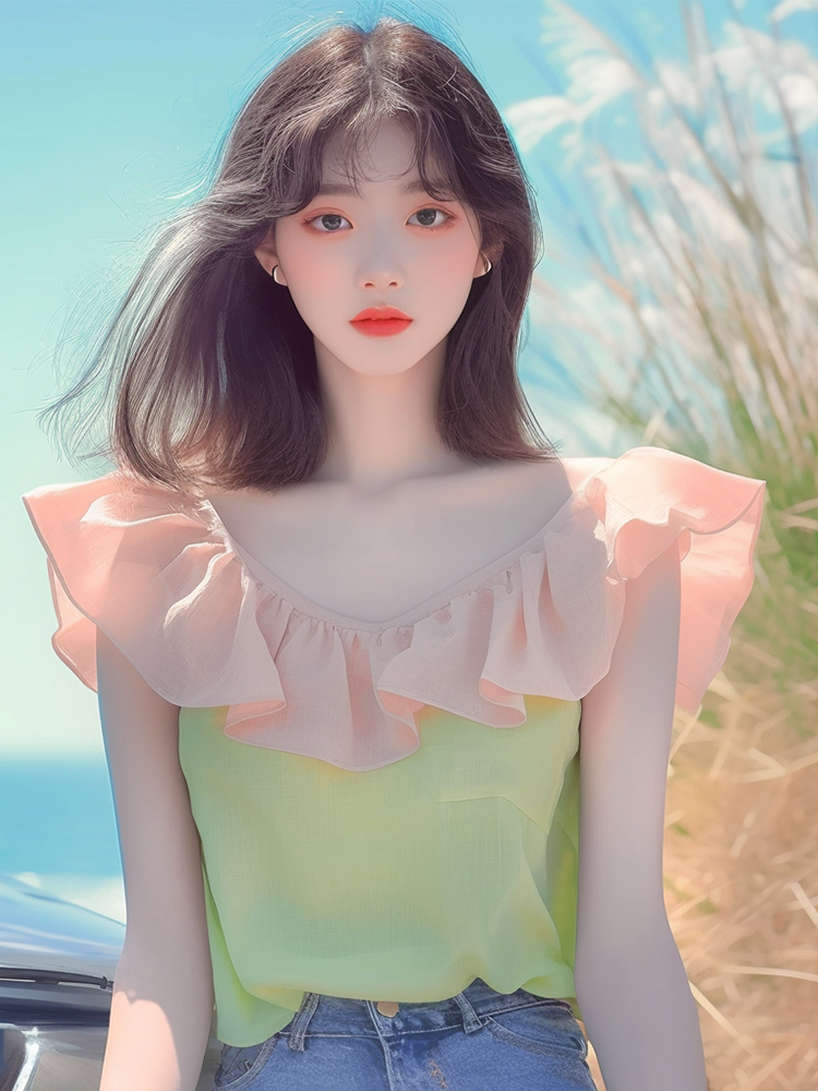 여름 인기 폭발 작은 대중 디자인 센스 맨위 연령 감소 잘 생긴 달콤함 부드러운 바람 배색 작은 날다 소매 여성 셔츠