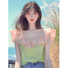 夏季流行爆款小众设计感上衣减龄好看甜美温柔风撞色小飞袖衬衫女