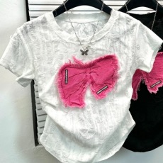 批发设计感小众蝴蝶结贴布刺绣别致独特短款上衣粉色短袖T恤女夏季