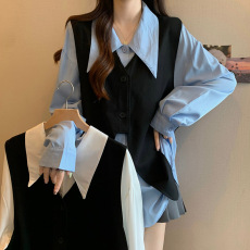 批发2026大码女装秋季胖MM时尚减龄遮肉显瘦设计感西装马甲衬衫两件套