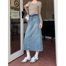 批发实拍2026新款撞色设计感弹力中长款<b class='q'>牛仔</b>裙后开叉半身裙包臀裙女