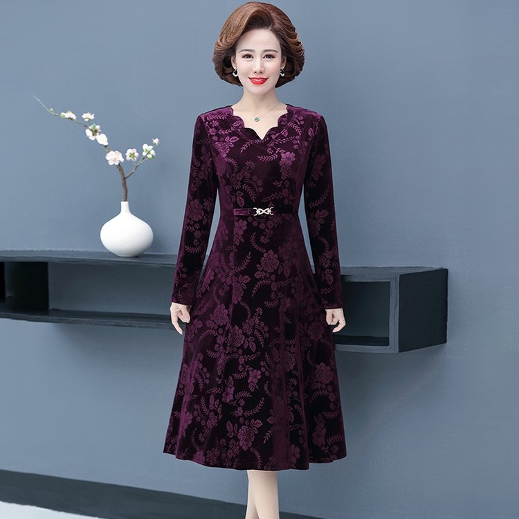 PF18350#女装金丝绒压花连衣裙改良旗袍裙长款修身妈妈打底女裝貨源服裝批發