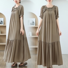 批发实拍2026新款一字肩圆领两穿宽松系带显瘦长款<b class='q'>连衣裙</b>