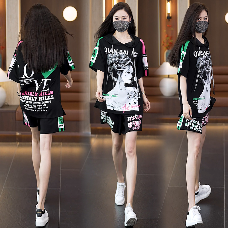 MY12362# 时尚大码休闲运动套装夏季新款连帽显瘦遮肉套装女裝貨源服裝...