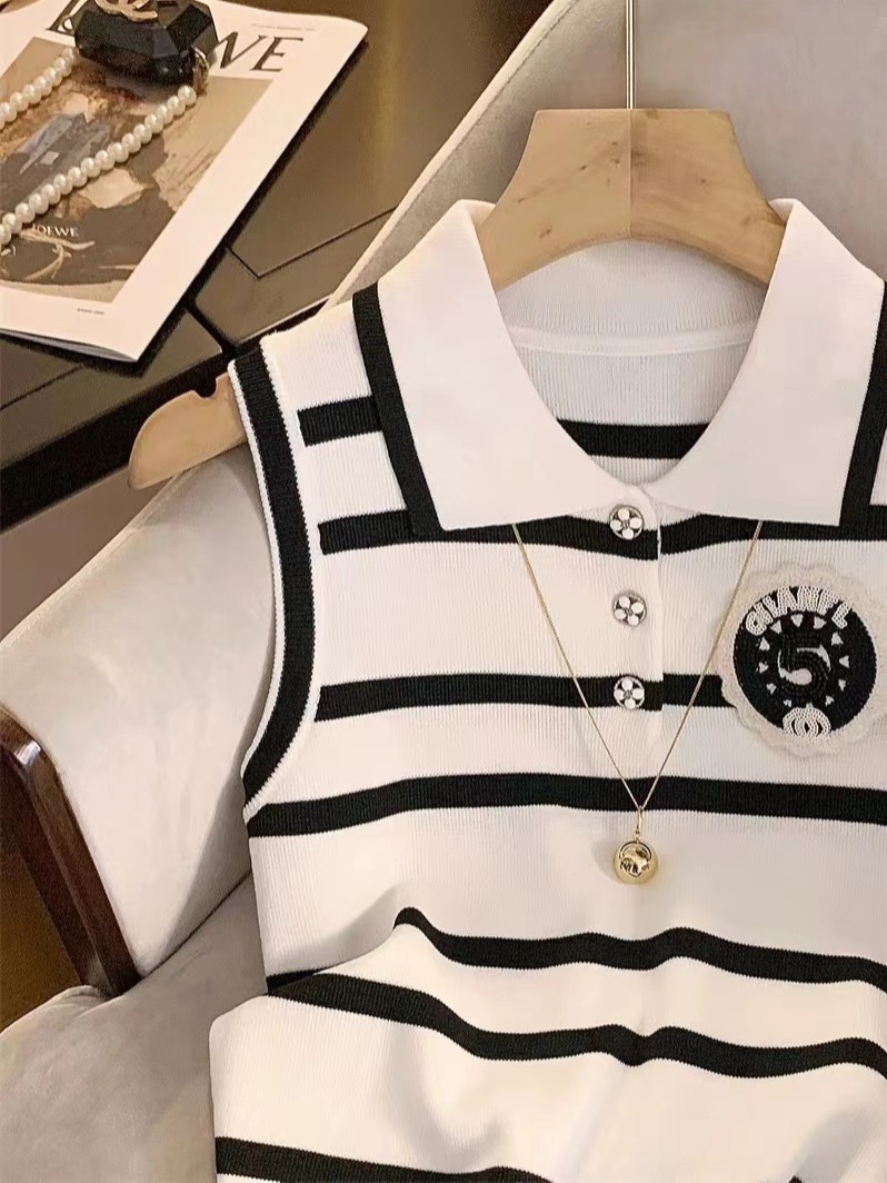 Alphanumeric Chest Label Lapel Polo Collar Striped Sleeveless Vest 2024 Summer New Slim Fit Bottoming Top for Women