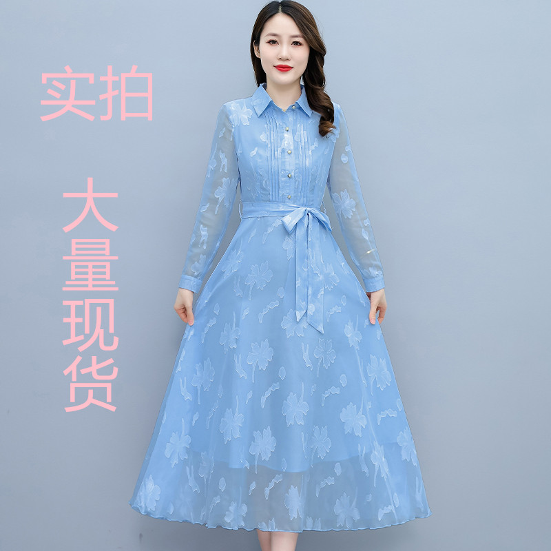 PF18371#新款修身长袖提花雪纺连衣裙气质大摆长裙女女裝貨源服裝批發