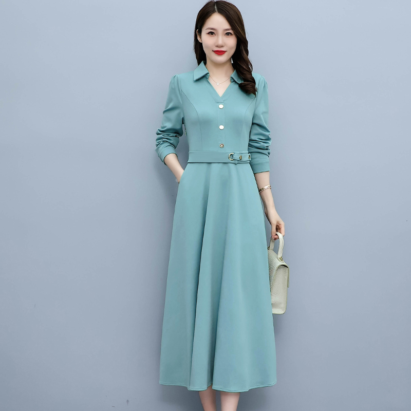 PF18368#立领长袖针织连衣裙新款韩版修身中长裙女女裝貨源服裝批發