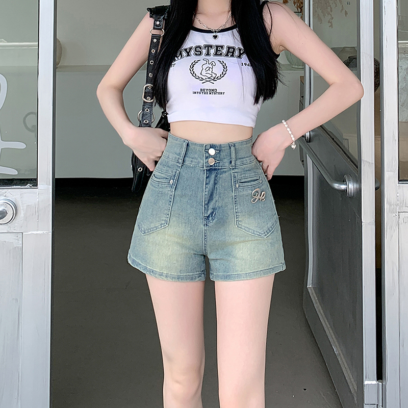 PF18625#美式复古辣妹高腰牛仔短裤女夏季显瘦包臀牛仔裤热裤子女裝貨源服裝批發