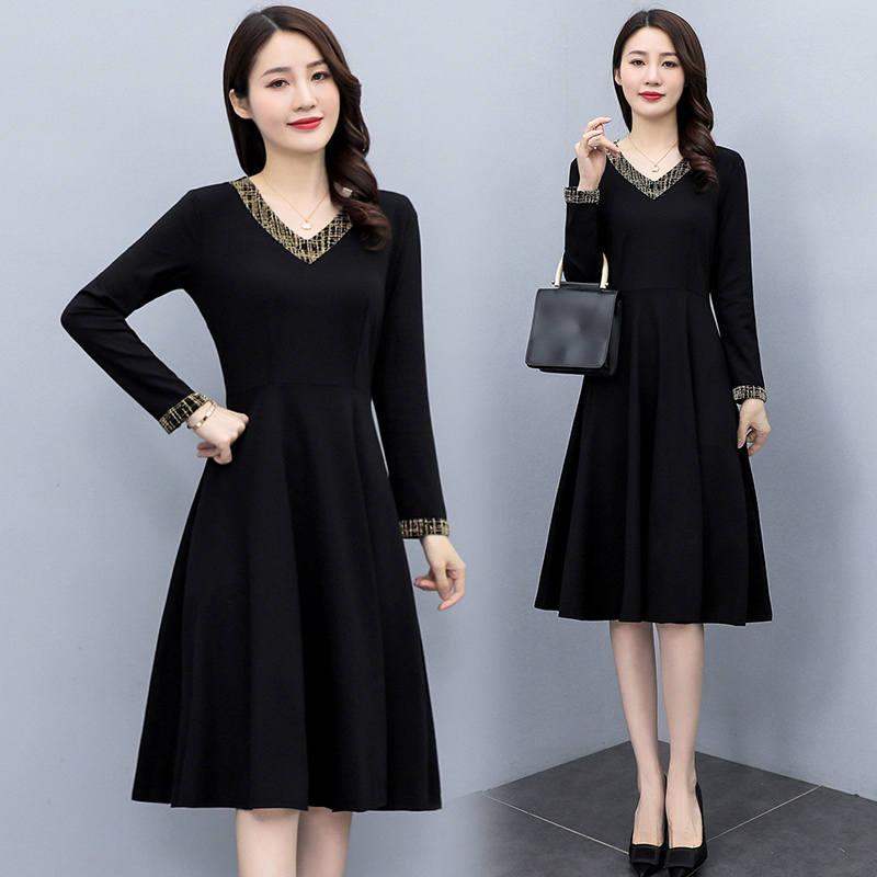PF18390#大码女装胖mm黑色长袖收腰显瘦连衣裙时尚洋气v领裙女裝貨源服裝批發