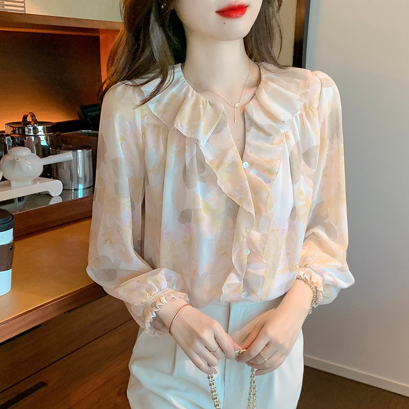 PF18454#新款雪纺衬衫女设计感小众荷叶边衬衣超仙遮肚子上衣女裝貨源服裝批發