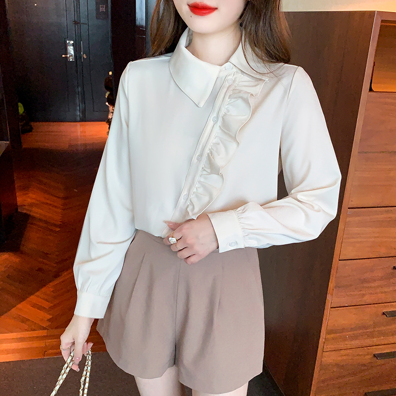 PF18453#时尚女装斜领衬衫设计感小众荷叶边雪纺衫长袖上衣女裝貨源服裝批發