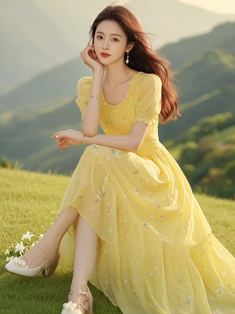 황색 꽃무늬 드레스 2026 새로운 여성 여름 캄파넬라 세과 프랑스식 품격 고유 한 슈퍼 잘 생긴 롱 코트 치마 우아한