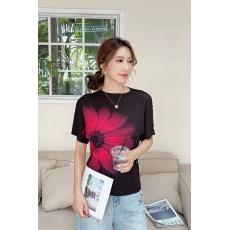 批发2024夏季新款优雅气质渐变色印花褶皱短袖T恤通勤百搭显