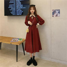 批发秋装新款复古法式收腰显瘦<b class='q'>拼色</b>翻领气质A字长袖<b class='q'>连衣裙</b>长裙女