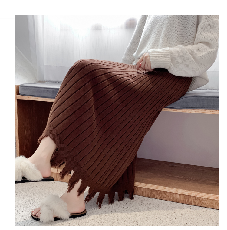 실사 가을 겨울 새로운 중간 길이 하이웨이스트 A라인 스커트 술 거친 가장자리 니트 반신 스커트 빅 플레어 스커트 플리츠 스커트 여성