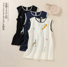 批发实拍2025年夏季新款韩版刺绣显瘦休闲裙潮圆领<b class='q'>亚麻</b>无袖<b class='q'>连衣裙</b>女