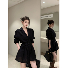 批发实拍复古性感小西装领衬衫连衣裙女长袖收腰显瘦A字裙配腰带