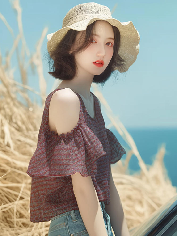 작은 대중 고유 한 디자인 센스 맨위 여성 여름 외국 가스 연령 감소 품격 아름다운 빨간색 스트라이프 발굴하다 어깨 쉬폰 셔츠