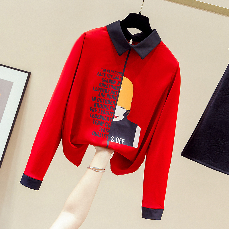 PF18787#设计感字母印花女孩雪纺衫2024早秋款韩版宽松长袖小衫上衣女裝貨源服裝批發