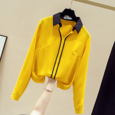 批发2025实拍衬衫女长袖春秋新款V领撞色上衣中长款韩范套头雪纺衬衣