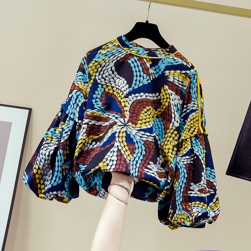 PF18786#雪纺衬衫女长袖秋装韩版灯笼袖复古洋气很仙的碎花上衣女裝貨源服裝批發