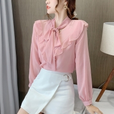 批发2026蝴蝶结荷叶边春秋季新款时尚百搭烫银气质上衣<b class='q'>韩版</b>系带<b class='q'>雪纺衫</b>