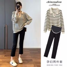 批发大量 2026网红<b class='q'>孕妇装</b>韩版百搭打底条纹衫+托腹<b class='q'>孕妇</b><b class='q'>裤</b>两件套