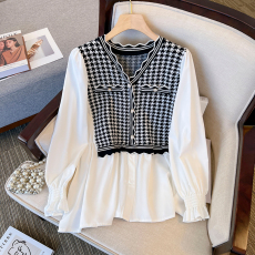 批发实拍 2026新款孕妇装<b class='q'>春</b>装假两件千鸟格针织拼接孕妇上衣衬衫