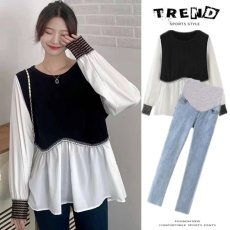 批发2026网红孕妇装韩版<b class='q'>百搭</b>宽松衬衫+托腹孕妇裤两件套