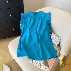 批发实拍 设计感小众独特别致宝石蓝女士雪纺<b class='q'>衬衫</b>法式气质v领小飞袖