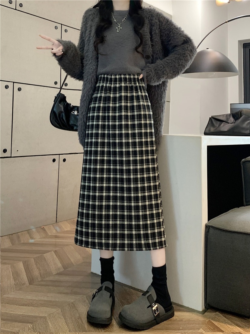 Spot real shots and real price, hair retro plaid hip-pack skirt for women in autumn and winter woolen A-line mid-length skirt
